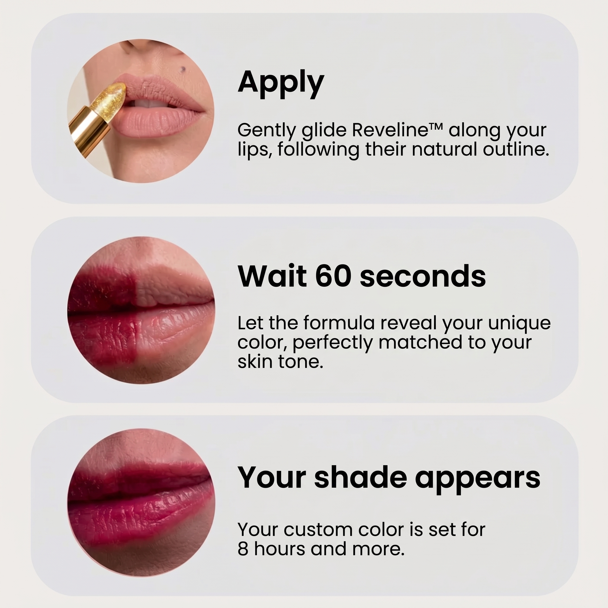 Reveline pH Glow Lip Tint — three-step application